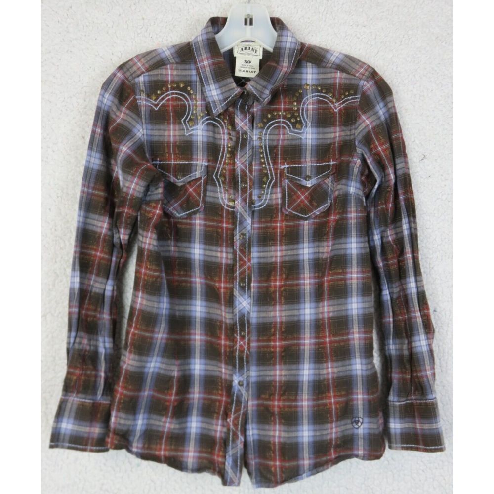 Womens Ariat Embroidered Pearl Snap Shirt Multicolor Plaid Size S Fitted Western